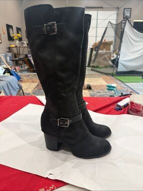 Fergalicious black Buckle Block Heel Boots